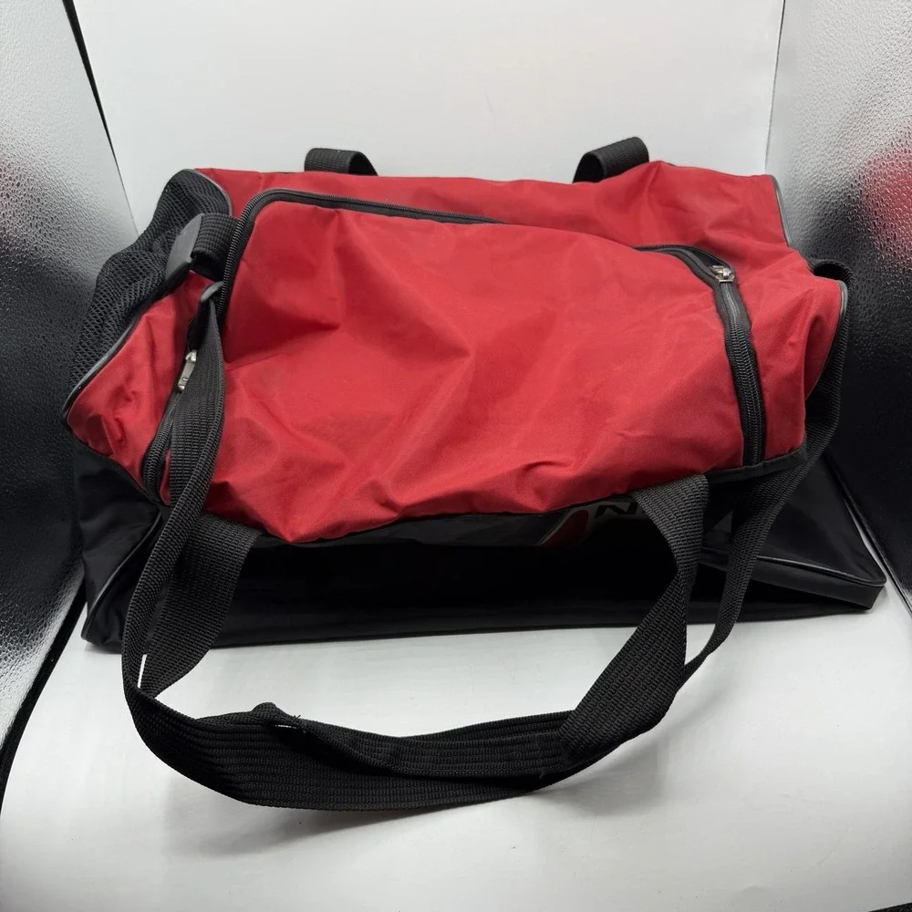 Rare Vintage 90s NIKE Duffle Bag Red Black Spellout Swoosh Retro Gym Travel